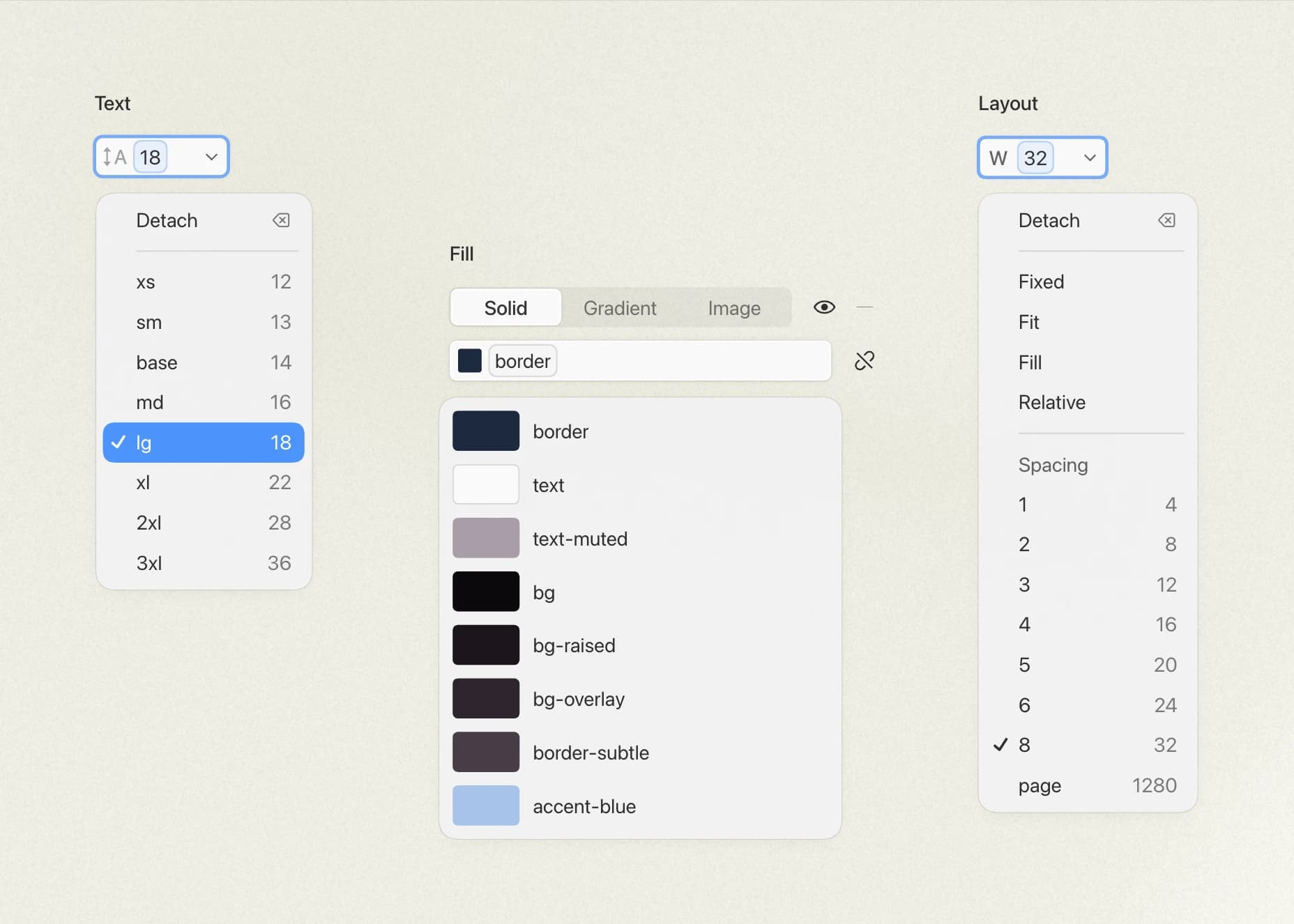 Design tokens panel with color and spacing variables