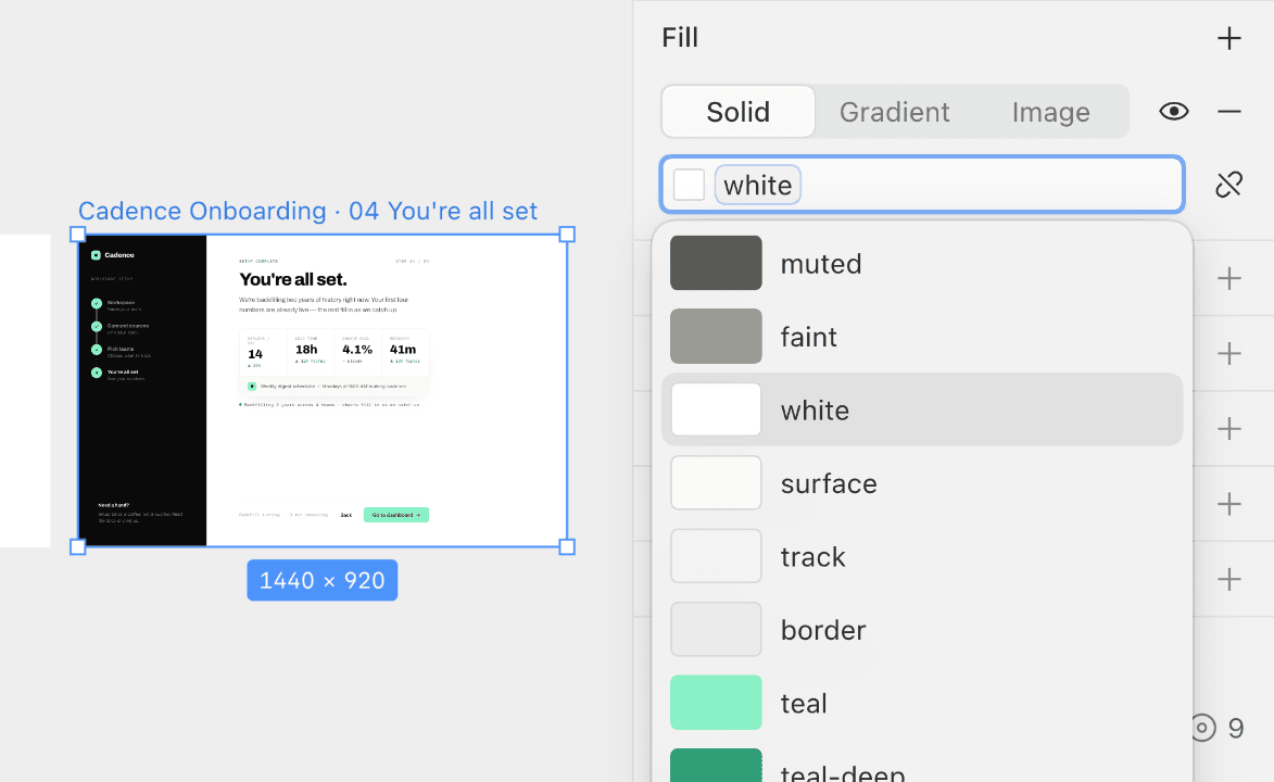 Color token picker in Paper showing named tokens like muted, faint, and white