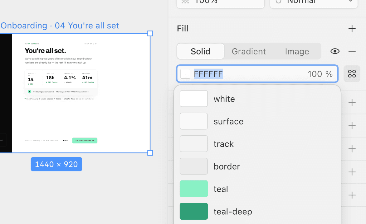 Color token dropdown in Paper showing white, surface, track, border, and teal tokens