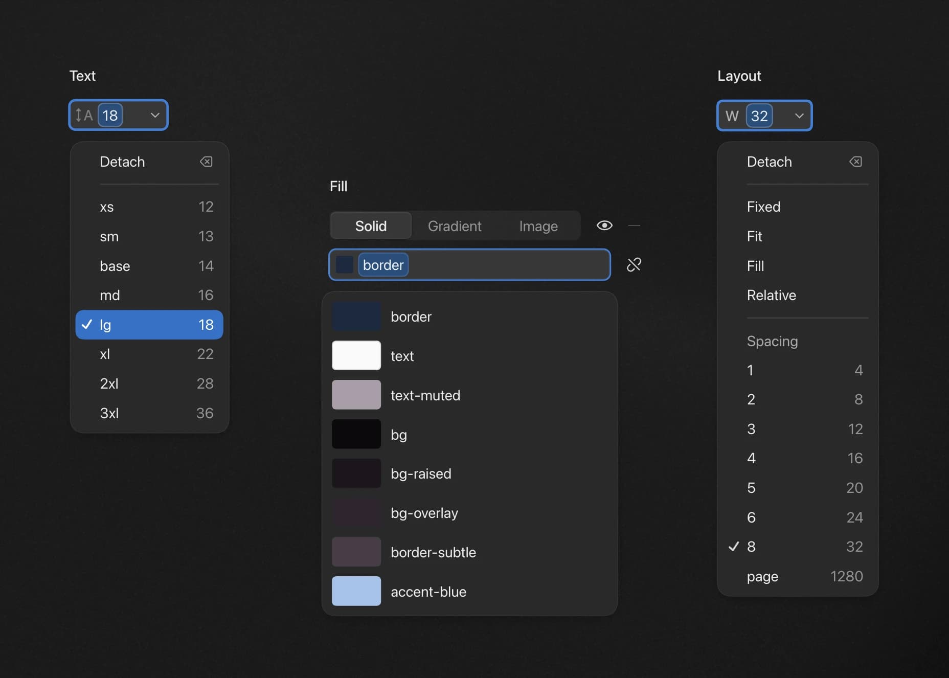 Design tokens panel with color and spacing variables