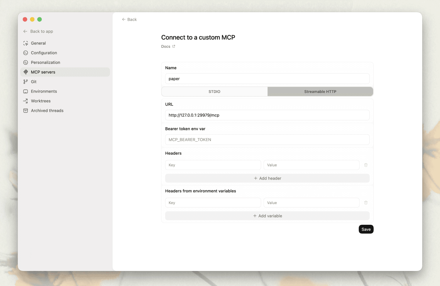 Codex MCP configuration